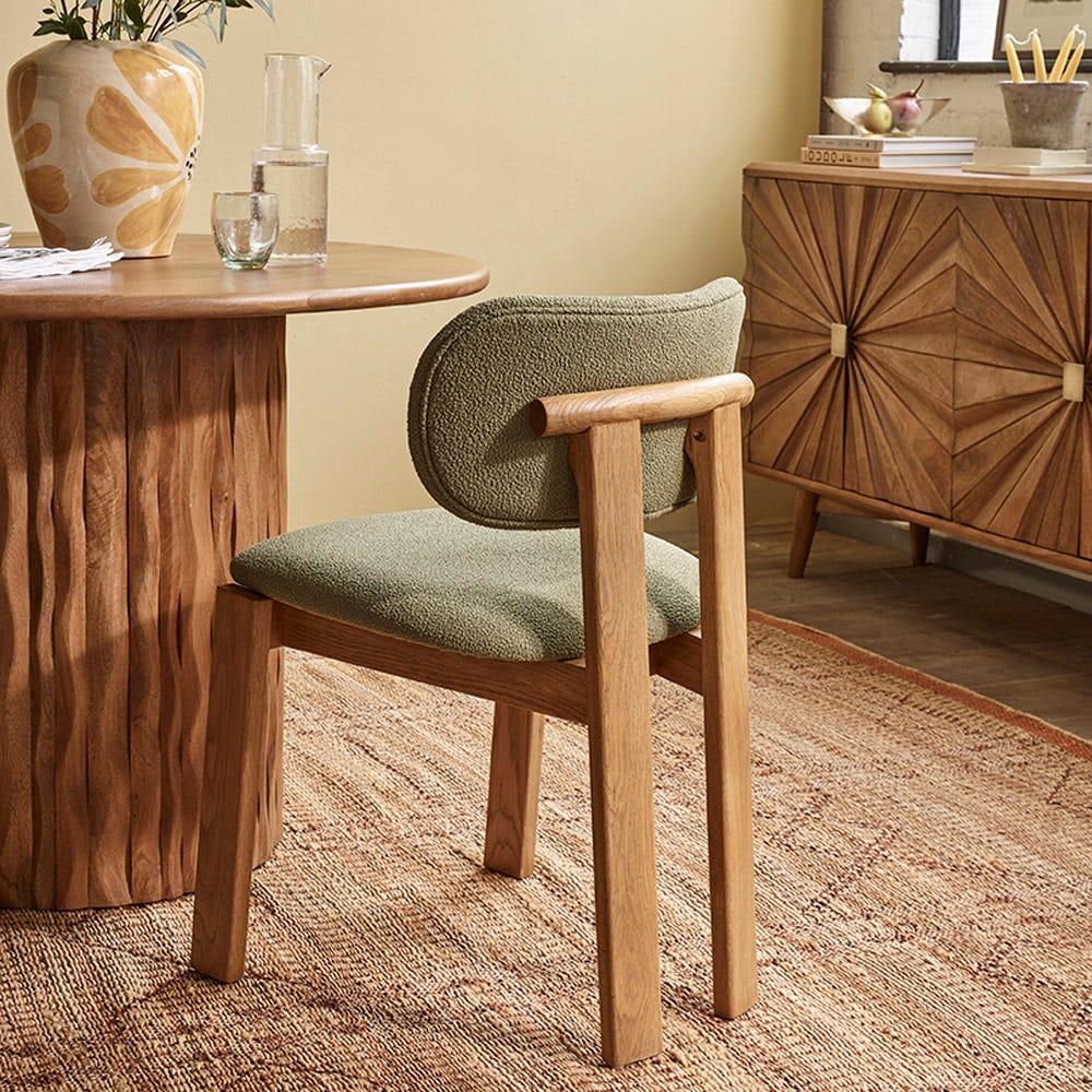 CORA OAK ARMLESS DINING CHAIR - OLIVE GREEN BOUCLE