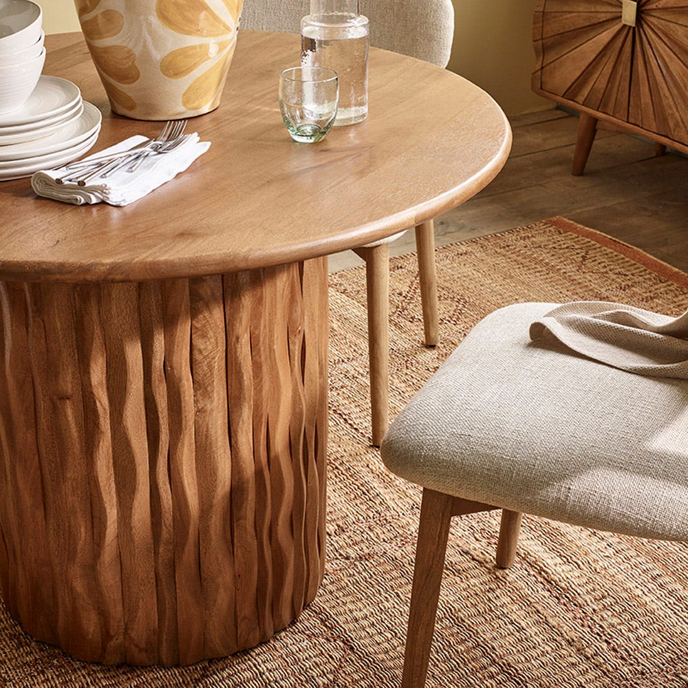 FLORA WOODEN ROUND DINING TABLE WITH CURVED EDGE PILLAR BASE