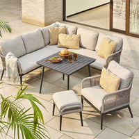 CELIA CORNER + LOUNGE CHAIR + FOOTSTOOL + SLATTED SQUARE DINING TABLE