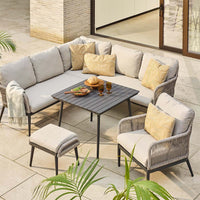 CELIA CORNER + LOUNGE CHAIR + FOOTSTOOL + SLATTED SQUARE DINING TABLE