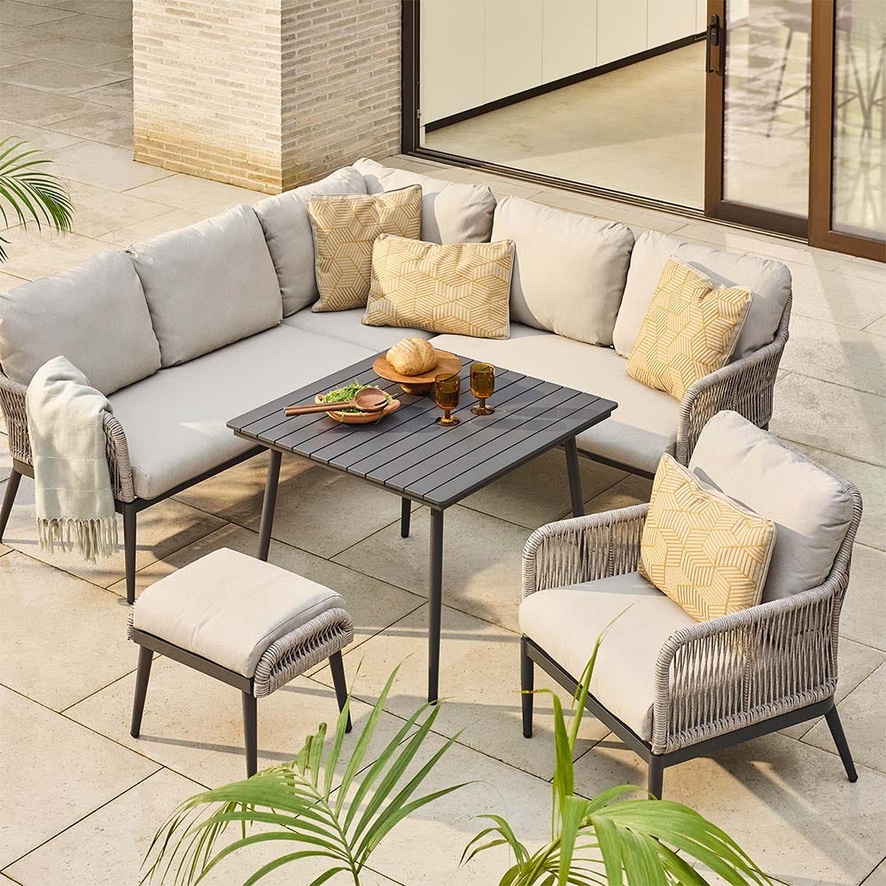 CELIA CORNER + LOUNGE CHAIR + FOOTSTOOL + SLATTED SQUARE DINING TABLE