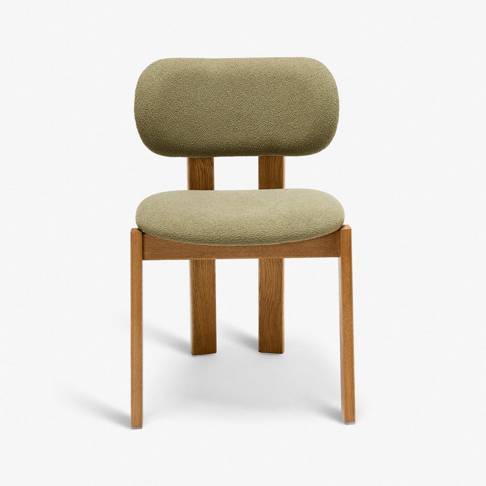 CORA OAK ARMLESS DINING CHAIR - OLIVE GREEN BOUCLE