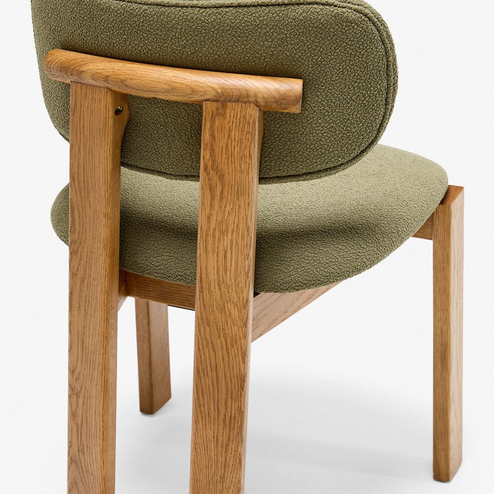CORA OAK ARMLESS DINING CHAIR - OLIVE GREEN BOUCLE