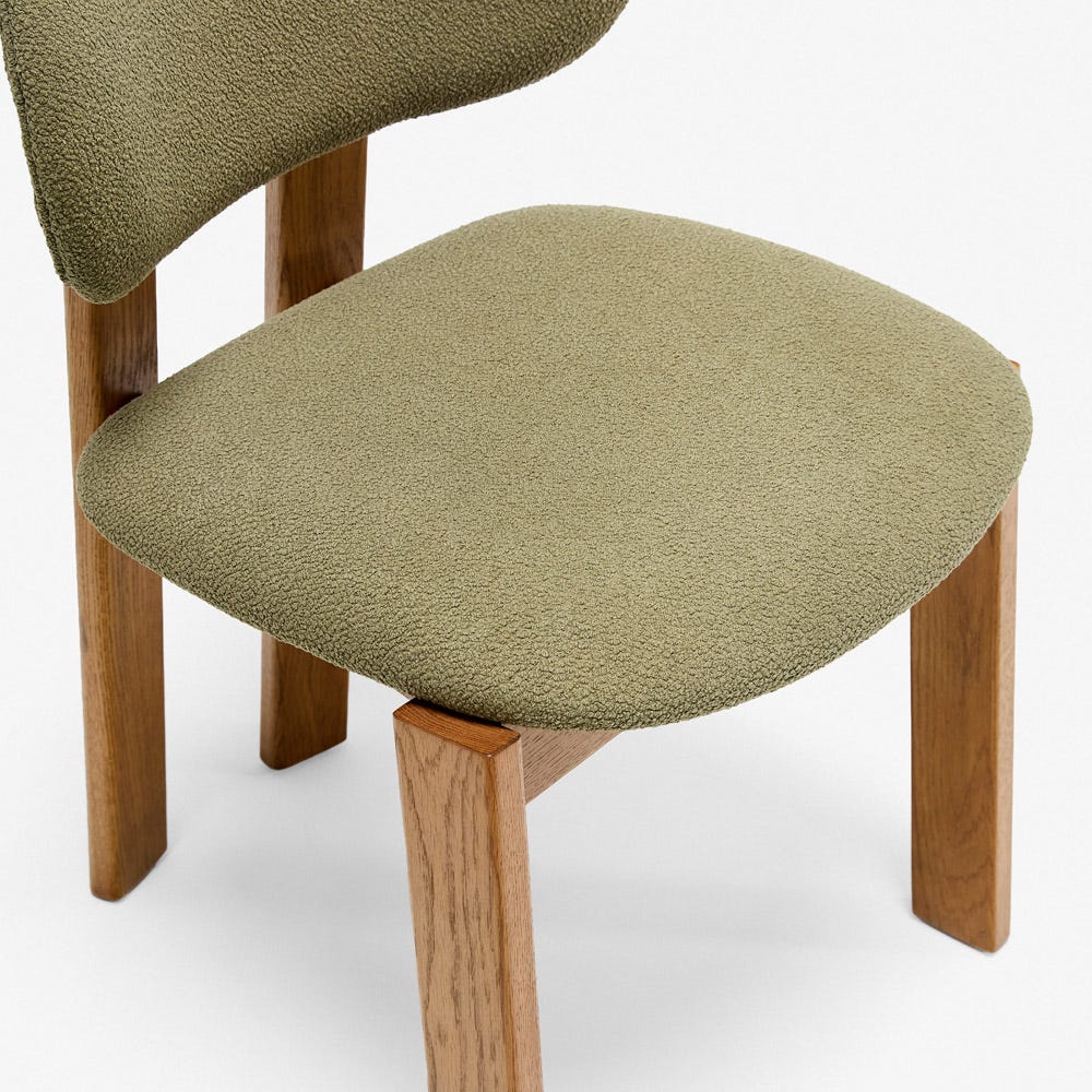 CORA OAK ARMLESS DINING CHAIR - OLIVE GREEN BOUCLE
