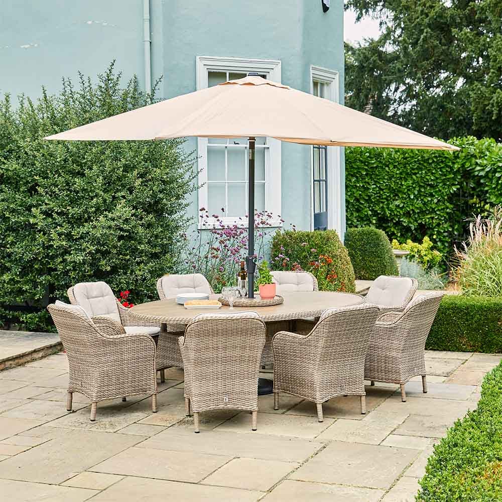 KARLA 8 SEAT RATTAN DINING SET WITH LAZY SUSAN AND PARASOL