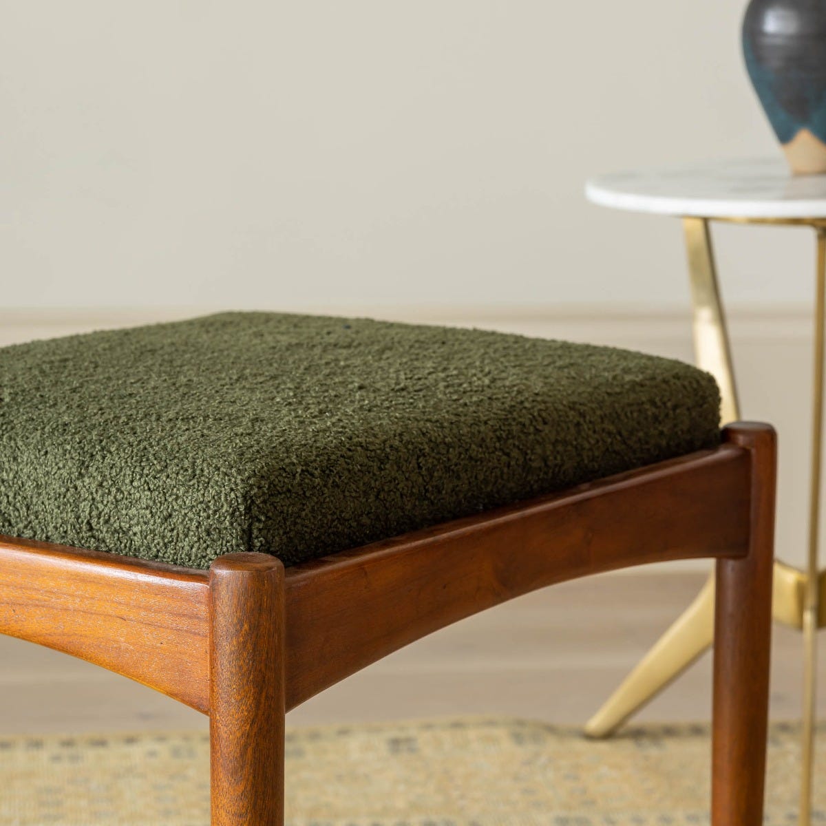 LEVI FOOTSTOOL IN OLIVE GREEN BOUCLE