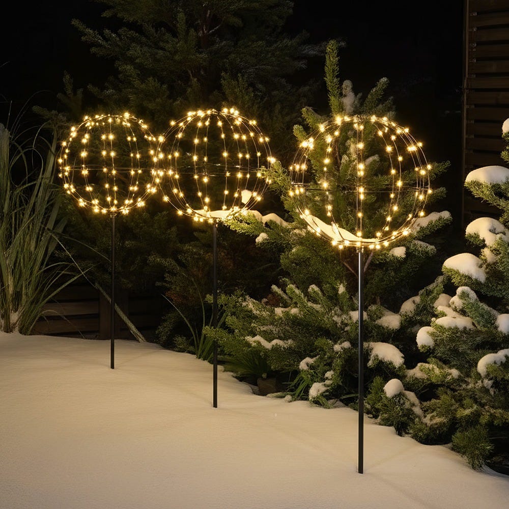 SET OF 3 25CM GLOBE STAKES WITH WARM WHITE LED - CONNECTABLE