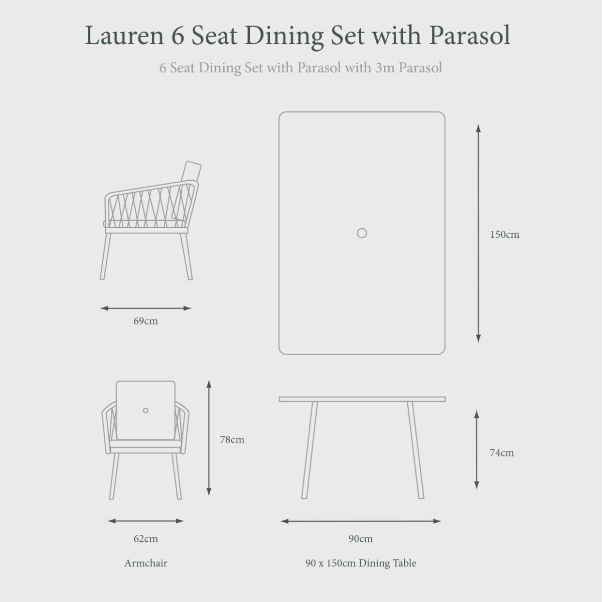 Lauren 6 Seat Dining Set with Parasol